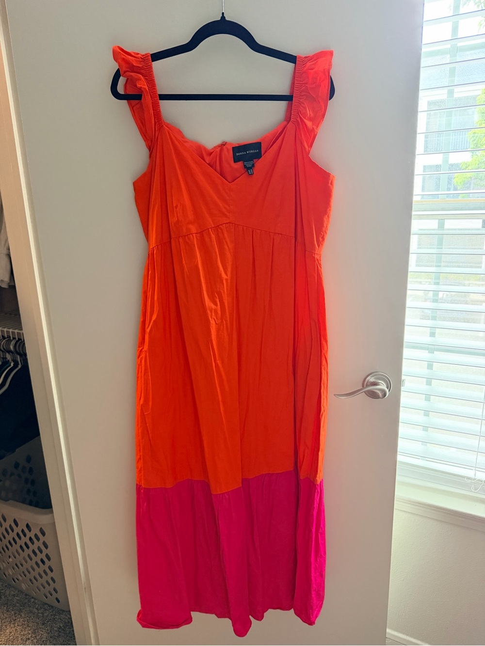 Donna Morgan Orange and Pink Colorblock Ruffled-Strap Maxi Dress